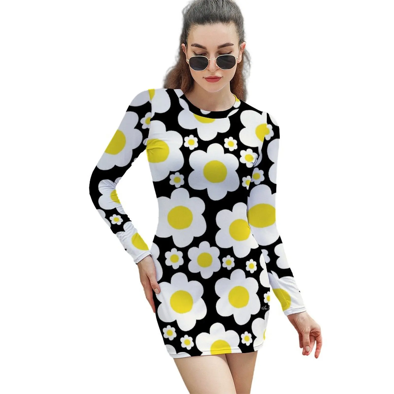 

Retro 60's Daisy Pop Flowers Long-Sleeved Sheath Dress prom dresses 2024 women's evening dress 2024 birthday dress for women