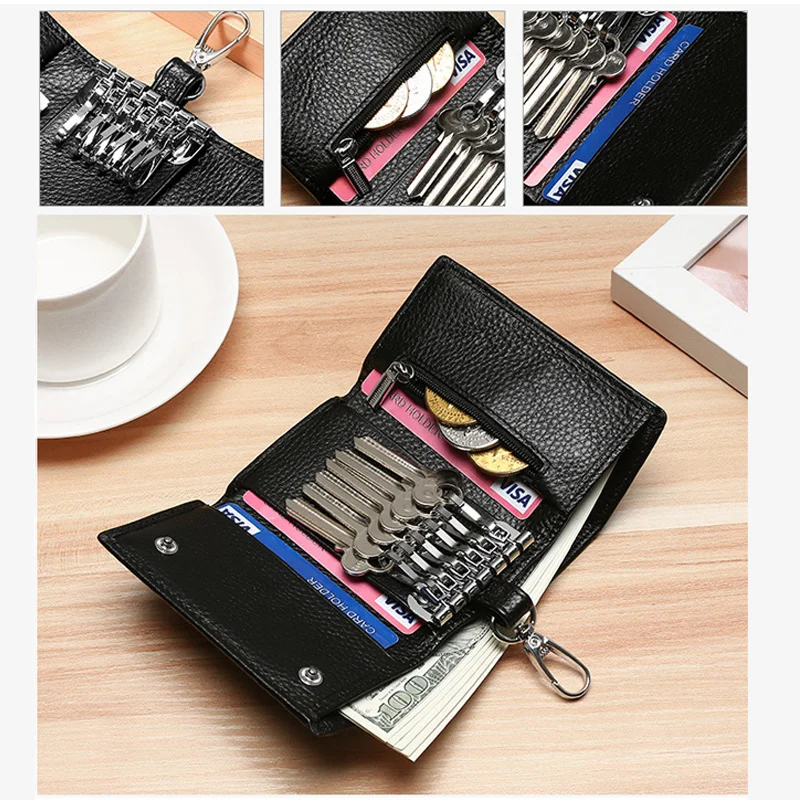 Cartera de cuero genuino Unisex, organizador sólido para llaves, bolso para ama de llaves de coche, tarjetero