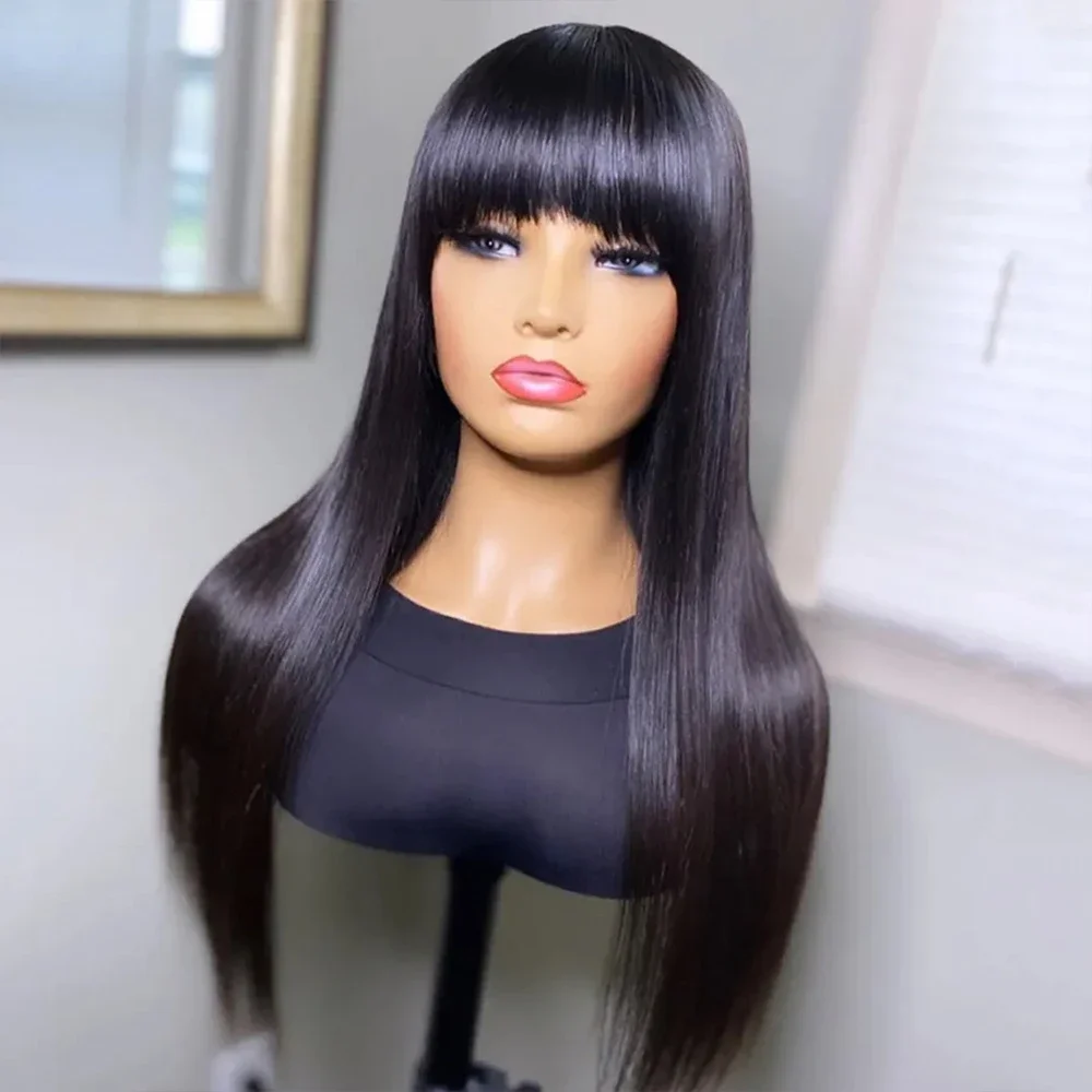 Lafino Wig Full Woven dengan poni rambut manusia lurus tanpa renda Wig hitam mesin penuh Wig Bob tidak ada renda Wig pendek