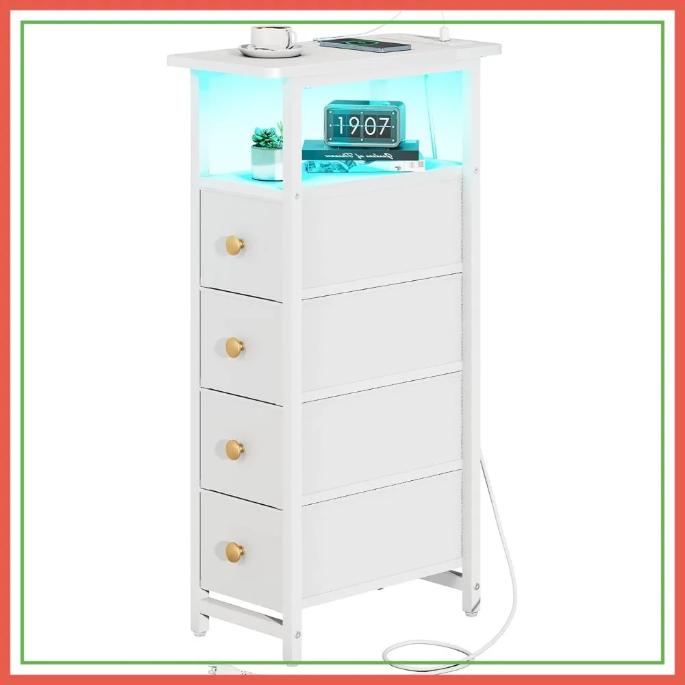 LED Narrow Nightstand with Charging Station - Slim Dresser for Bedroom, Tall End Table with Storage, White
