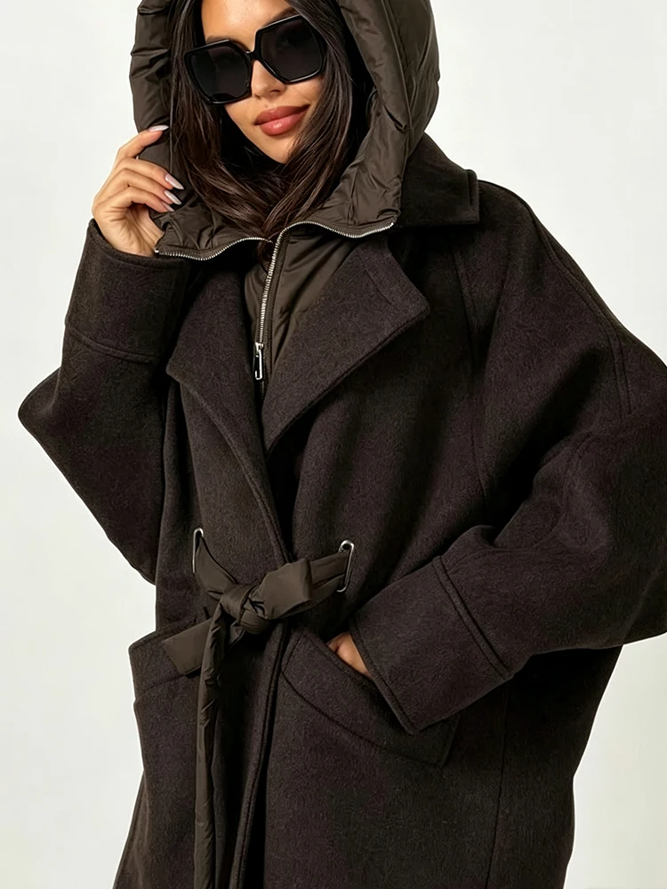 Lockerer Wollmix Zweiteiliger Look Kapuzenjacke für Damen mit Taschen, Pufferfutter, Mittellanger Mantel 2026 Winter Damen Dicke Warme Oberbekleidung