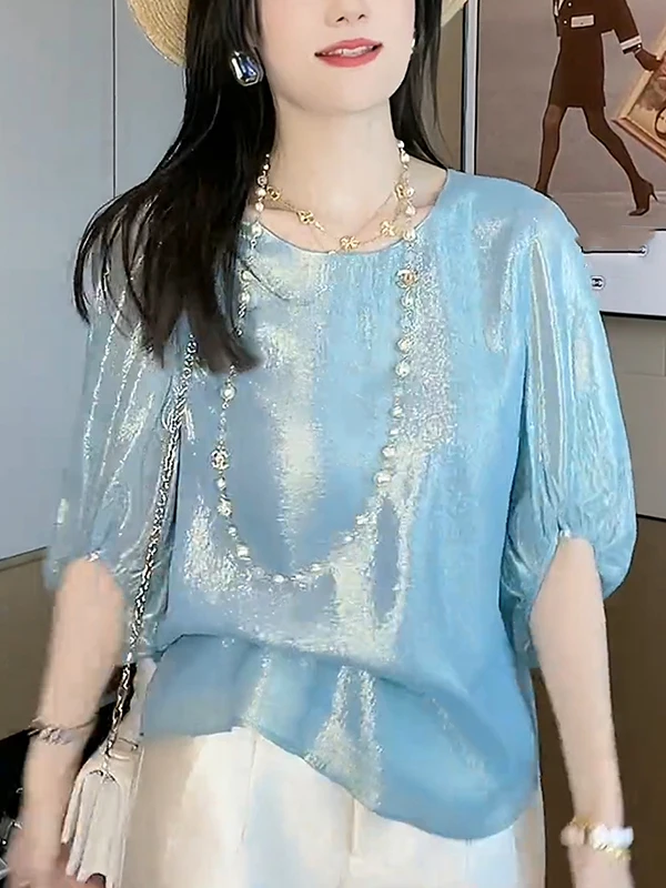 

Футболка Ele Gentle ort Sve GTUQ: Роскошное ощущение, летний дизайн, корейский стиль, свободный крой, круглый вырез, повседневный топ