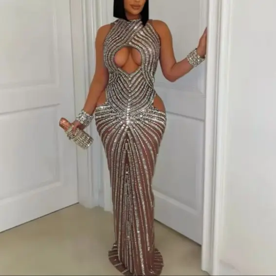 فستان زينينا كريستال (فضي) فاخر للنساء لحفلات أعياد الميلاد، فساتين أداء مثيرة لعرض المسرح