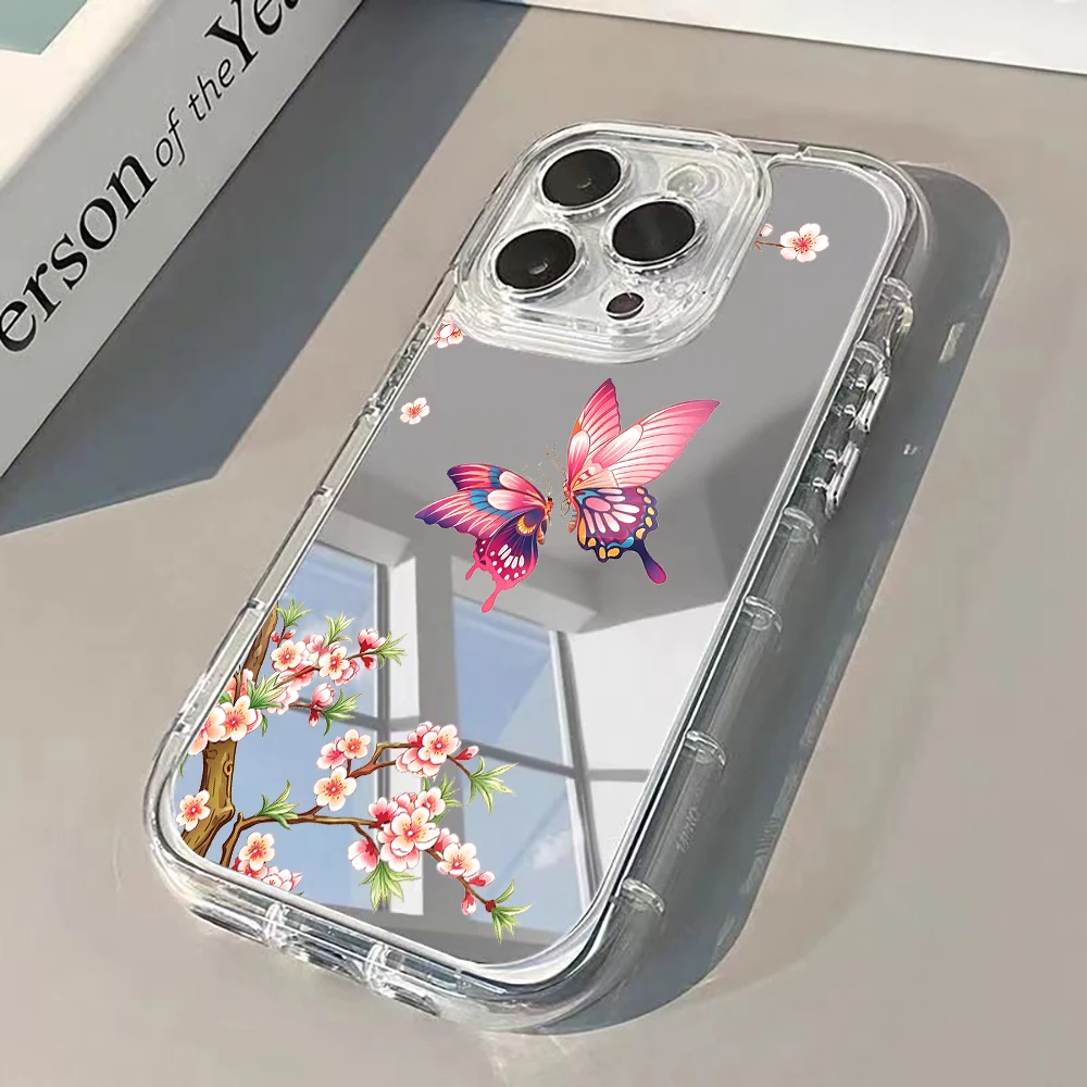 Funda de Teléfono con Espejo Plateado y Mariposas Estilo Chinoiserie para iPhone 17 Air 15 Pro Max 17 16 14 13 12 11 8 Plus Pro SE2 XR X Max, Cubierta Suave
