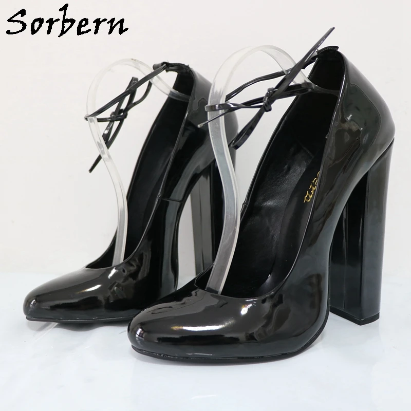 Sorbern Vintage Women Pump Shoes Thin Ankle Strap Knot Round Toes Block High Heel Custom Sissy Boy Shoes Custom Color