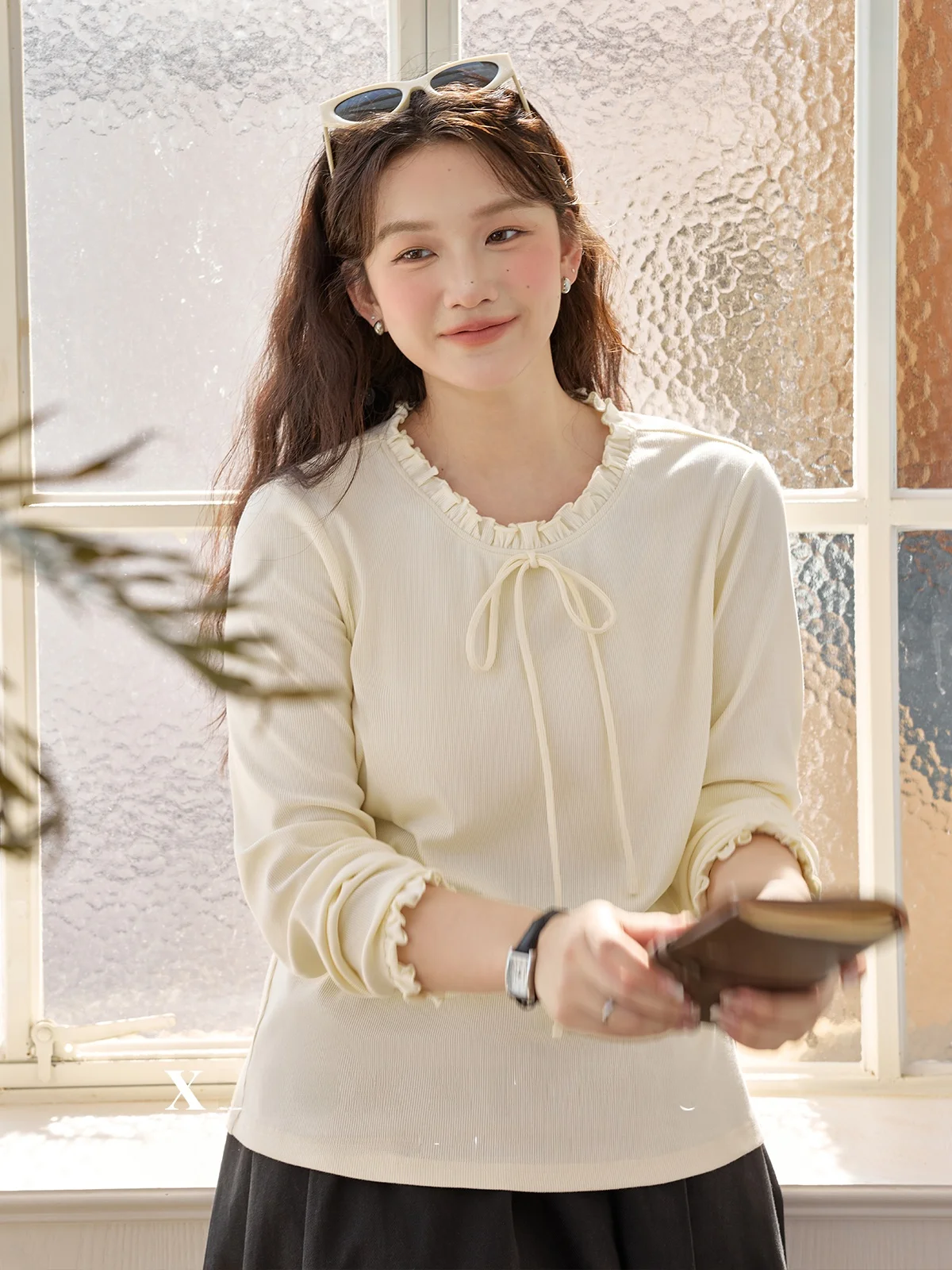 

Женская футболка размера XLIDM, базовый длинный све, смесь хлопка, деревянный топ с завязками на плечах, осенний базовый слой, топ