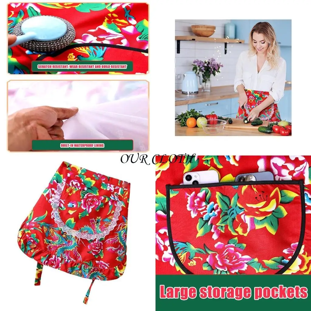 

Flower Apron Waist Apron Cooking Aprons Hat Kitchen Apron Arm Sleeves Waitress Apron Short Half Apron for Restaurant Y1AC