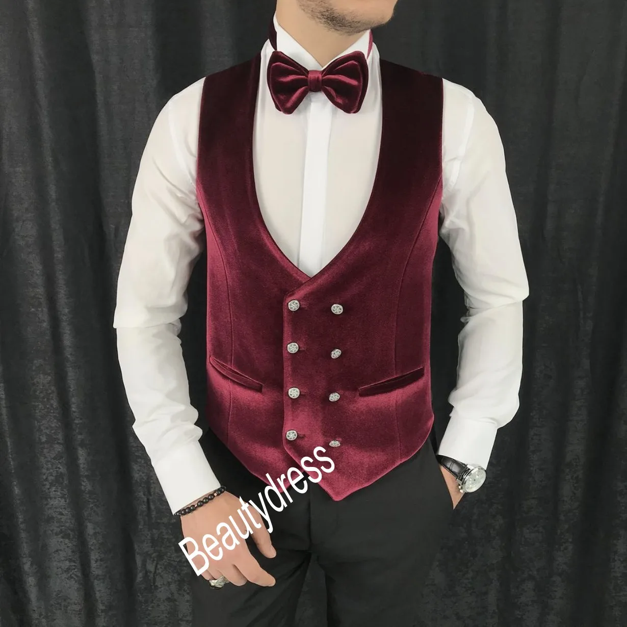 Groom Velvet Vests For Wedding Tuxedos Party for Engagement Men Attire Groomsmen Waistcoat Dress Prom Business Dinner