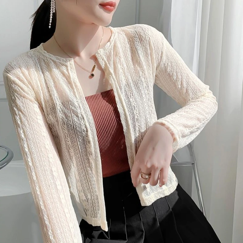 Jackets Women Sexy Hollow Out Summer Elegant Ladies Sweet Lace Cropped Outwear Retro Simple Long Sleeve All-match Chic Sun-proof