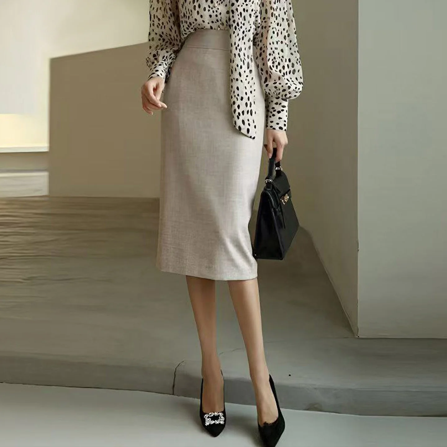 

High Waist Midi Work Skirt Slimming Fit Busin Interview Suit Sle Polyester Fiber No Stretch High Waist Bodycon Skirt