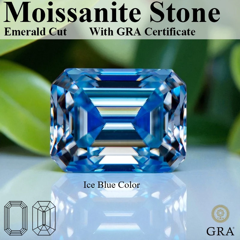

Moissanite Stone Ice Blue Color Emerald Cut Gemstone Lab Grown Diamond Advanced Jewelry Making Gift With Certificate