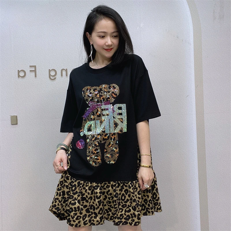 

2024 New Summer All-match Loose Women Short Sleeve Dress Cute Bear Hot Drilling Colorblock Leopard Splicing Mid-long Dress