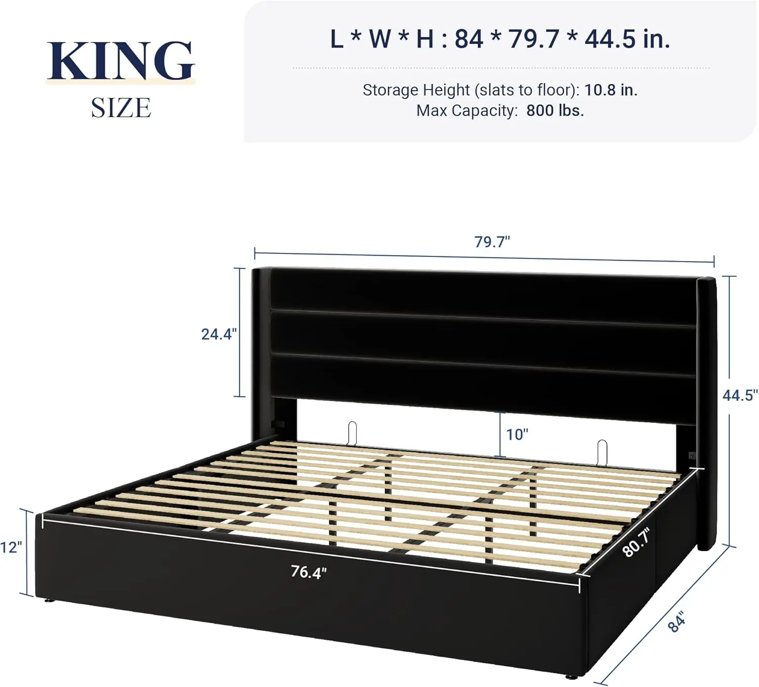 King Size Velvet Lift Up Storage Bed, Modern Wingback Headboard, Hydraulic Storage, No Box Spring Needed, Black