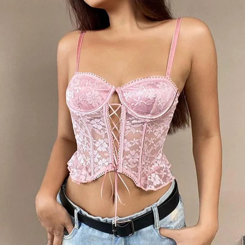 Crop Top Women Pink Lace Embroidered Chest Strap Vest Sexy Hot Girl with Irregular Navel Exposed Purely for Internal Wear