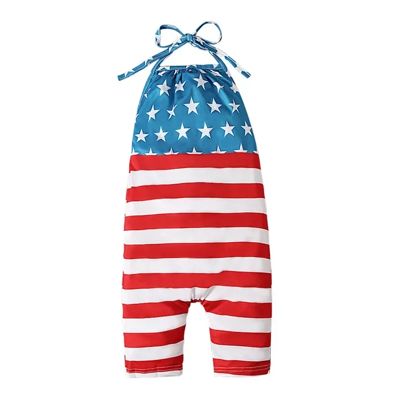 Vintage Kids Girls Jumpsuit One-pieces Bodysuits Independence Day Costume Cute Printed Backless Suspenders Haren Pants Playsuits