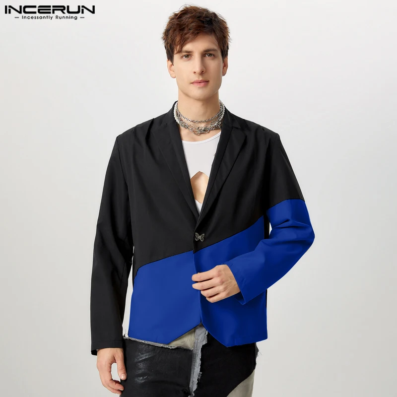 Men Long Sleeved Simple Blazer INCERUN 2024 Casual Colorblock Elegant Lapel Collar Coats Handsome Fashion Loose Commute Jackets