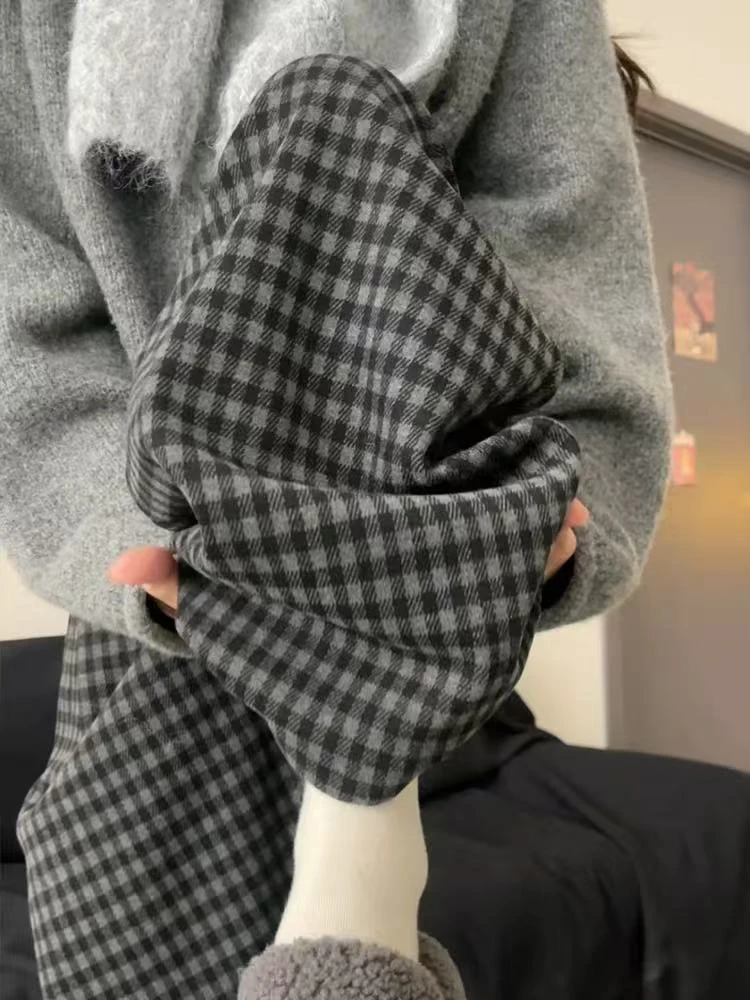 منقوشة واسعة الساق السراويل للنساء الشتاء سميكة الدافئة فضفاضة سراويل للجري الإناث عالية الخصر الشارع الشهير كل مباراة السراويل المستقيمة