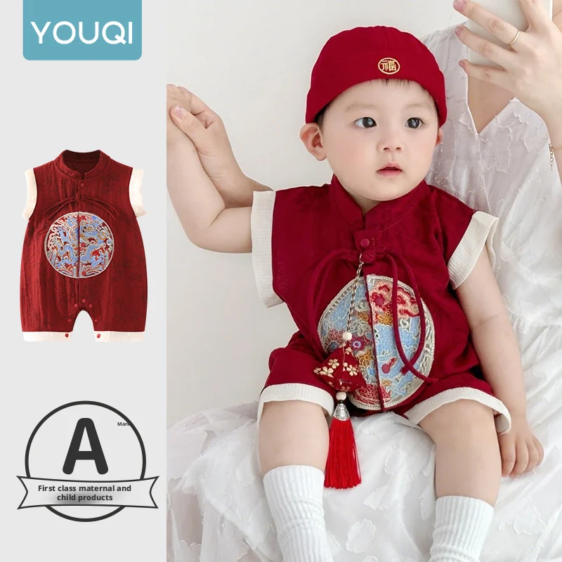 

【Youqi】Детская одежда в китайском стиле для детей 0-2 лет, летний комбинезон, красный наряд в китайском стиле для торжества ста дней после рождения, летняя одежда для малышей на сто дней и день рождения