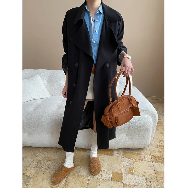 EAEOVNI Autunno Temperamento Trench lungo Donna Cintura tinta unita Doppio bottone Giacca a vento moda Versatile 2025 Nuovi vestiti