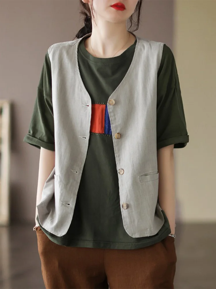 

Women's Retro Linen Vest Top Svel Cotton Linen Jaet Commute Sle V-ne Single Button Summer Collection