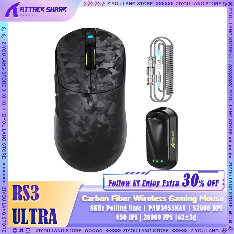 ATTACK SHARK RS3 Ultra 8K Carbon Fiber Wireless Gaming Mouse, PAW3955MAX Sensor, 52K DPI, Nordic MCU, 63g, 800H Battery