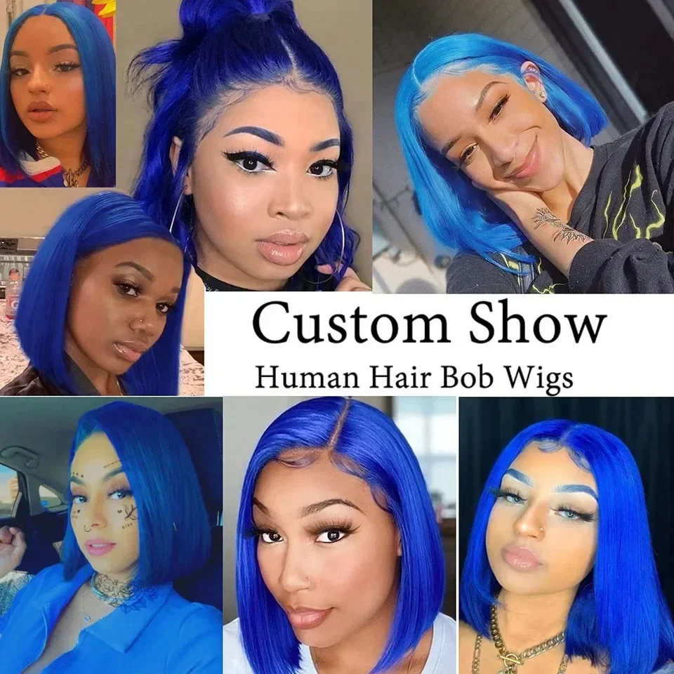 Perucas dianteiras de renda reta azul 180% densidade 13x4 peruca bob de renda transparente 100% cabelo humano usá-lo em um banquete é ótimo hd