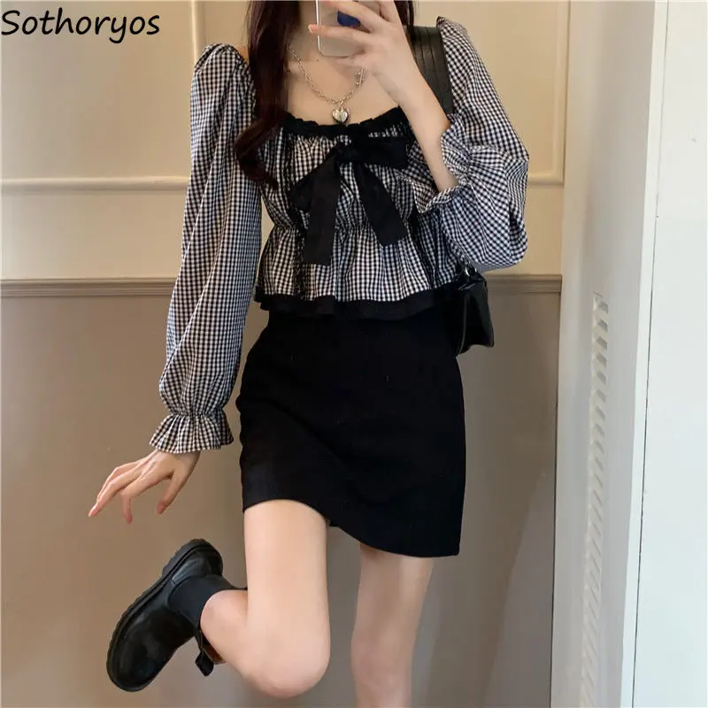 Crop Blouses Women Folds Plaid Vintage Slim All-match French Style New Spring Puff Sleeve Elegant Sweet Square Collar Girls Chic