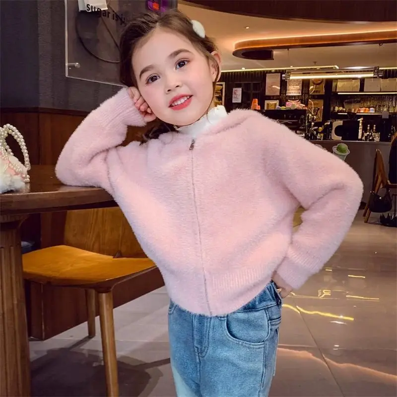 

Thickened Mink Velvet Hooded Jacket with Bunny Ears Autumn and Winter Children's Knitted Cardigan Outer Wear Girls Sweater Coat