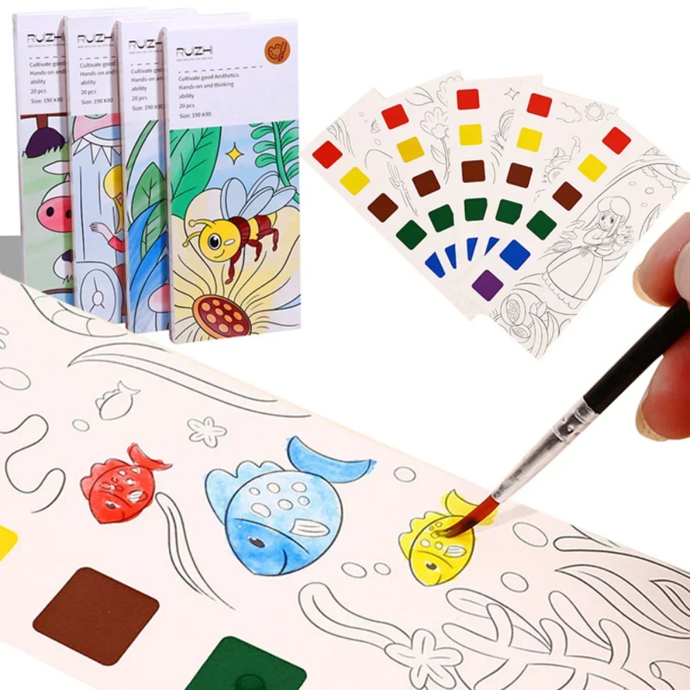 New Portable Children Watercolor Painting Book 20 Sheets Gouache Graffiti Picture 1 Pen Coloring Water Drawing Books Set Kid Toy