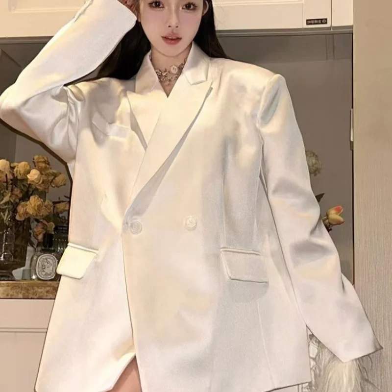 High Sense Satin Jacket Women 2024 Spring Autumn Small Korean All Loose Casual Suit Top Women\'s Clothing White Simple Coats