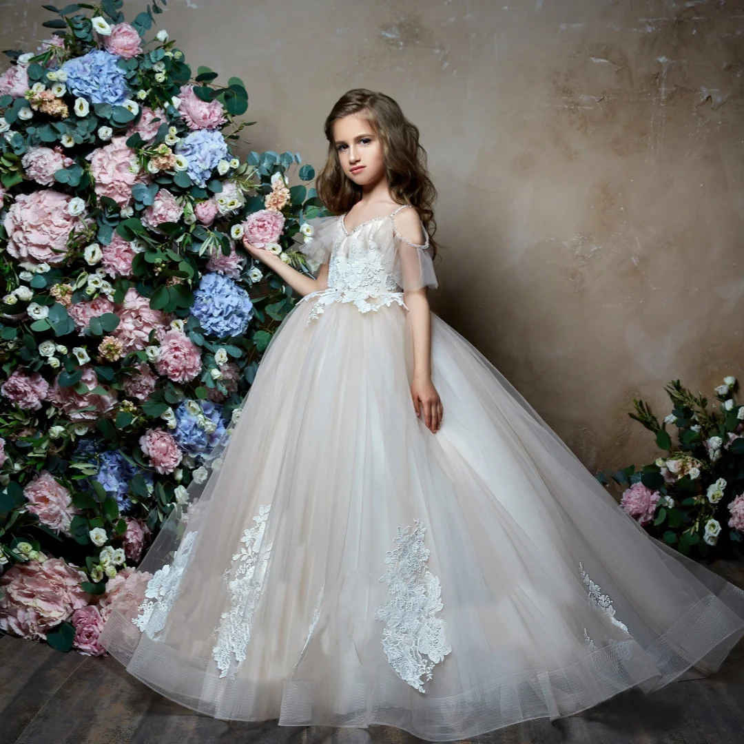 

Tulle Beaded Applique Trailer Long Sleeve Wedding Luxury Little Flower Children Birthday Communion Party Dress