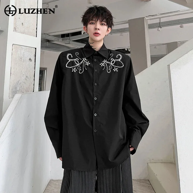 LUZHEN 2026 Autumn Luxury Temperament Patchwork Pattern Beading Decorate Long Sleeve Shirt Men's Fashion Casual Male Tops JY8743