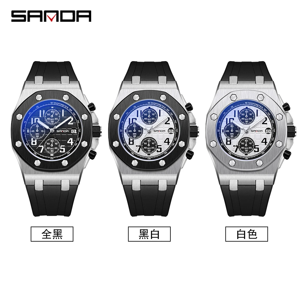 SANDA Sports Watches for Men Chronograph Waterproof Quartz Watch Top Brand Luxury Luminous Hands Silicone Strap Men Wristwatches