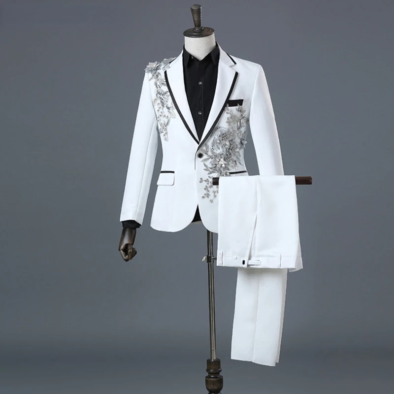 Mens White Floral Sequin 2 Pieces Suits (Jackets+Pants) Slim Fit One Button Wedding Groom Tuxedo Suit Male Costume