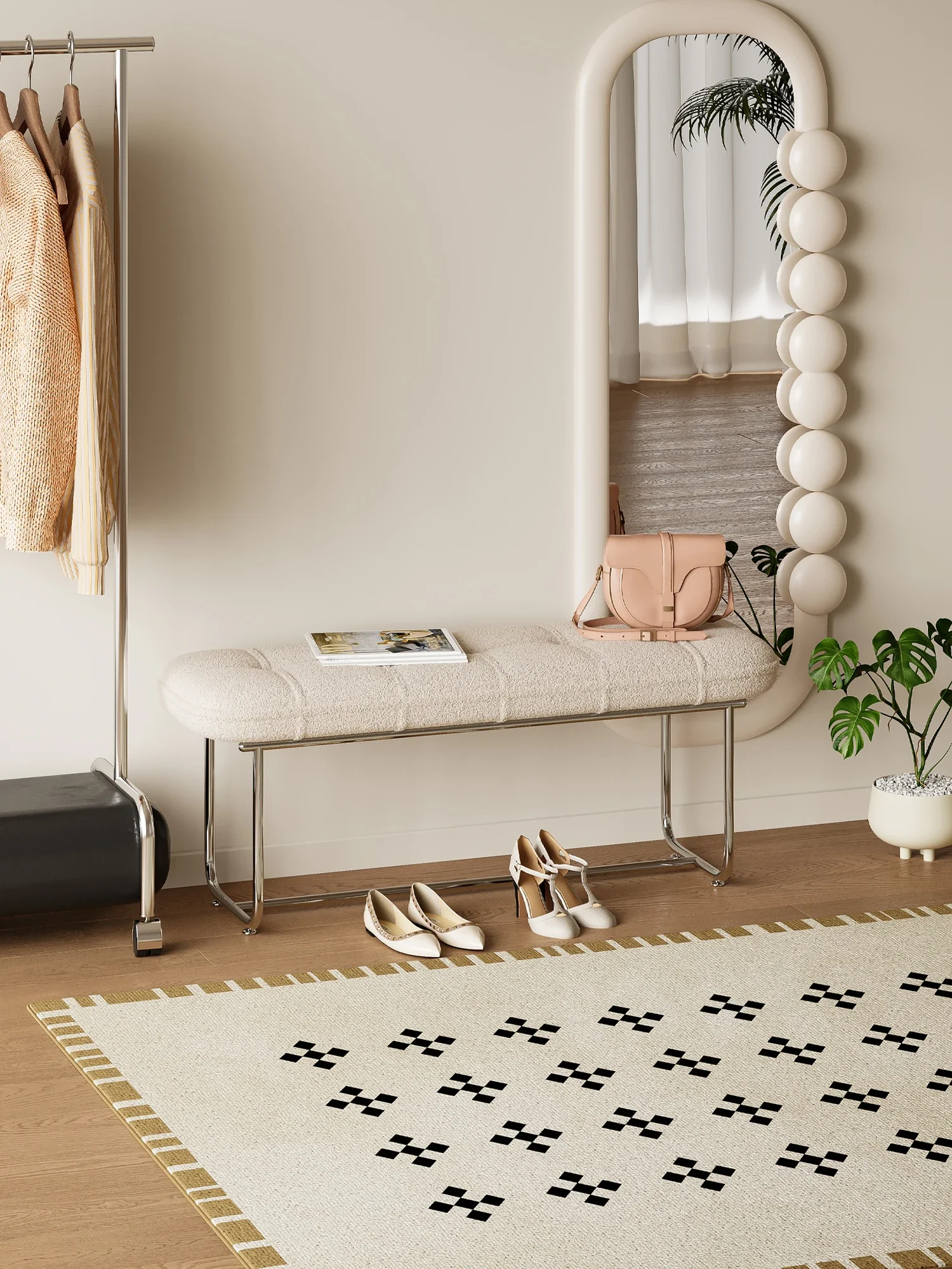 مقعد تغيير الأحذية الكريمي البسيط والحديث، شقة صغيرة، مدخل منزلي، كرسي تغيير الأحذية، مقعد الرياح