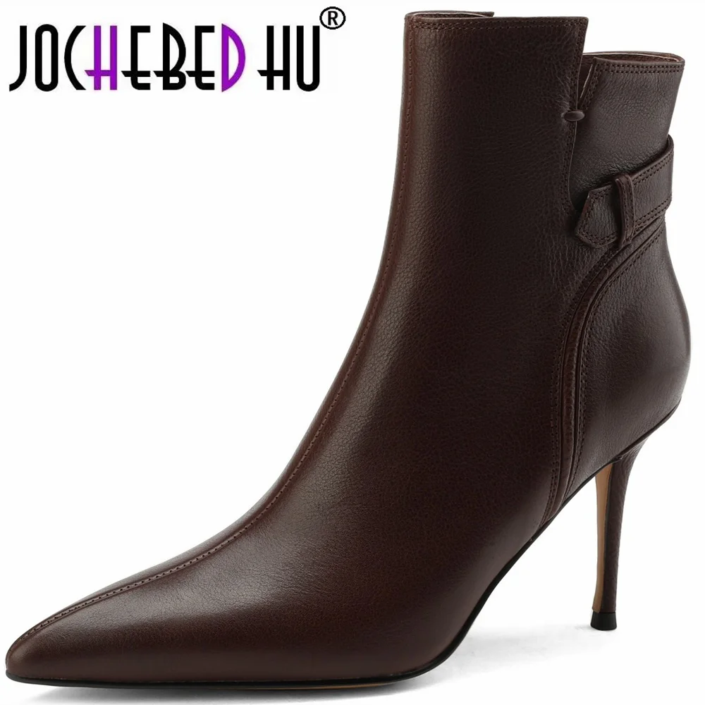 

【JOCHEBED HU】Genuine Leather Pointed Toe Brand Ankle Boots Classic Style High Heels Luxury Female Party Dress Shoes