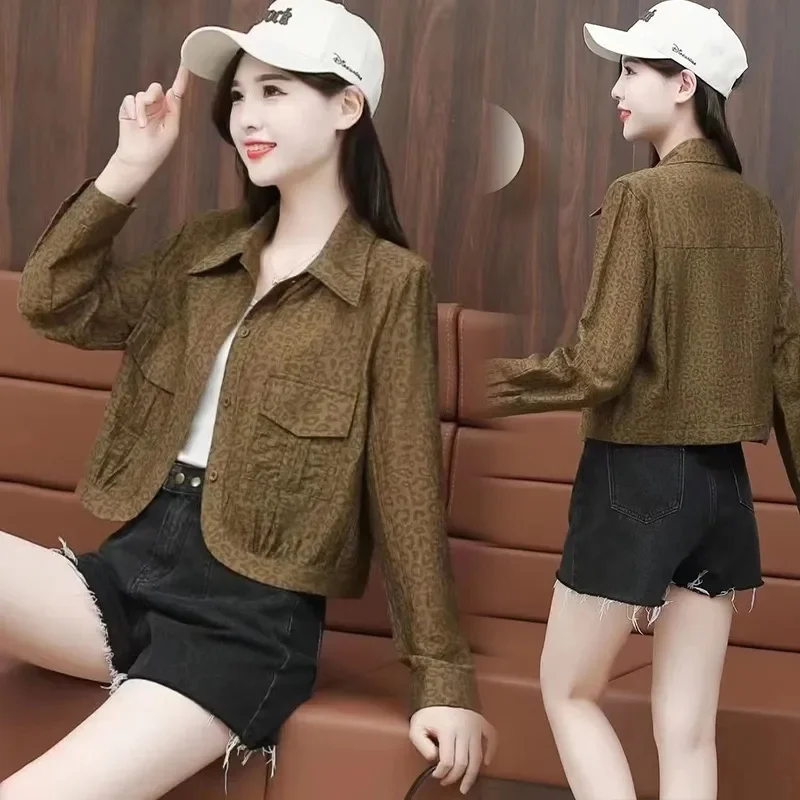 2024 Women Loose Fitting Tops Coat Autumn Female Fashion Short Jacket Design sense Ladies Long Sleeves Leopard Print Outerwear