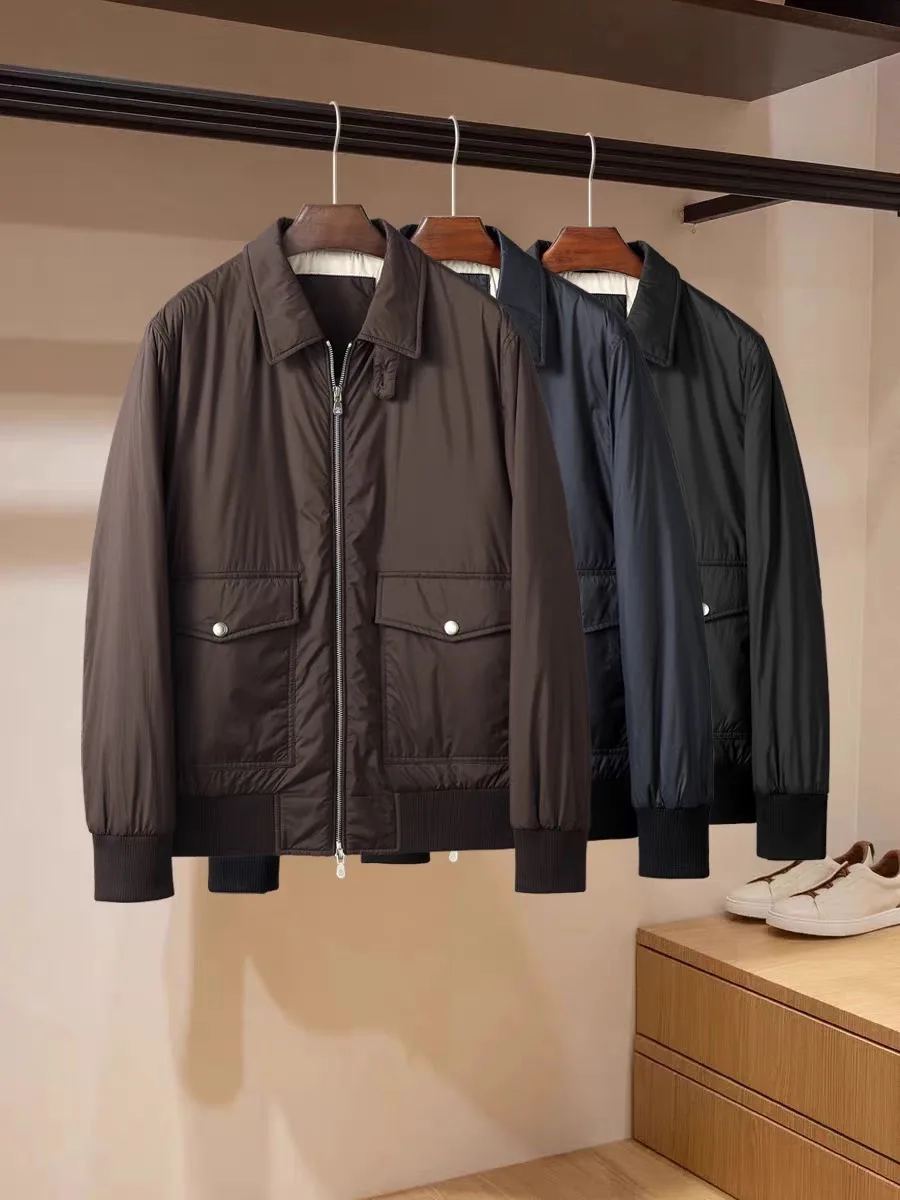 

Ele Men's Slim Fit Cotton Jaet Casual Turn-down Collar Busin Sle Autumn Winter Zipper Closure Color Coat