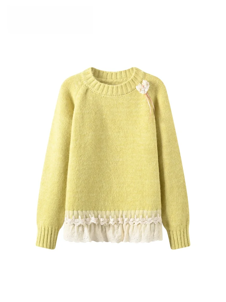 

Ele plus Size Women's Long Sve Lace Splice Sweater Winter New Sle Loose Fit Comfortable Knitwear Casual Chic Top