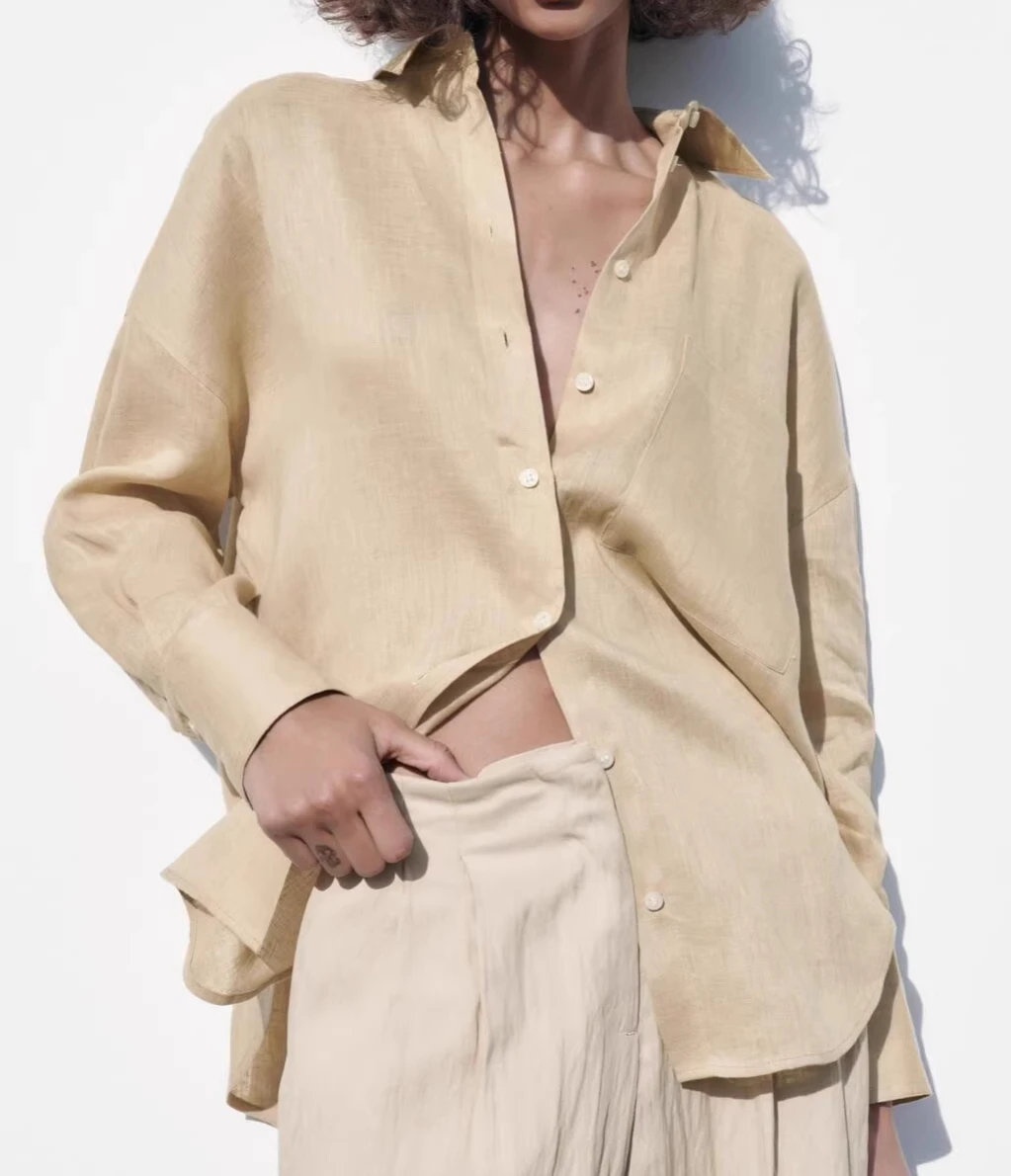Women's Spring and Autumn Linen Material Casual Fashion Professional Commuter Long Sleeve Shirt