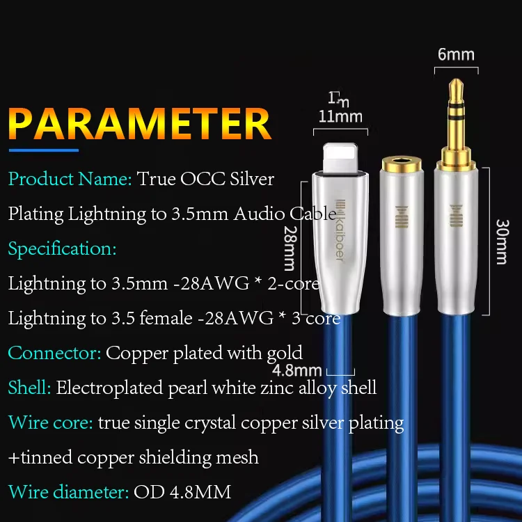 Kaiboer-Banhado a Prata AUX Stereo Audio Cable Adapter, relâmpago para 3,5mm cabo, OCC, iPhone, iPad, fones de ouvido, alto-falante do carro