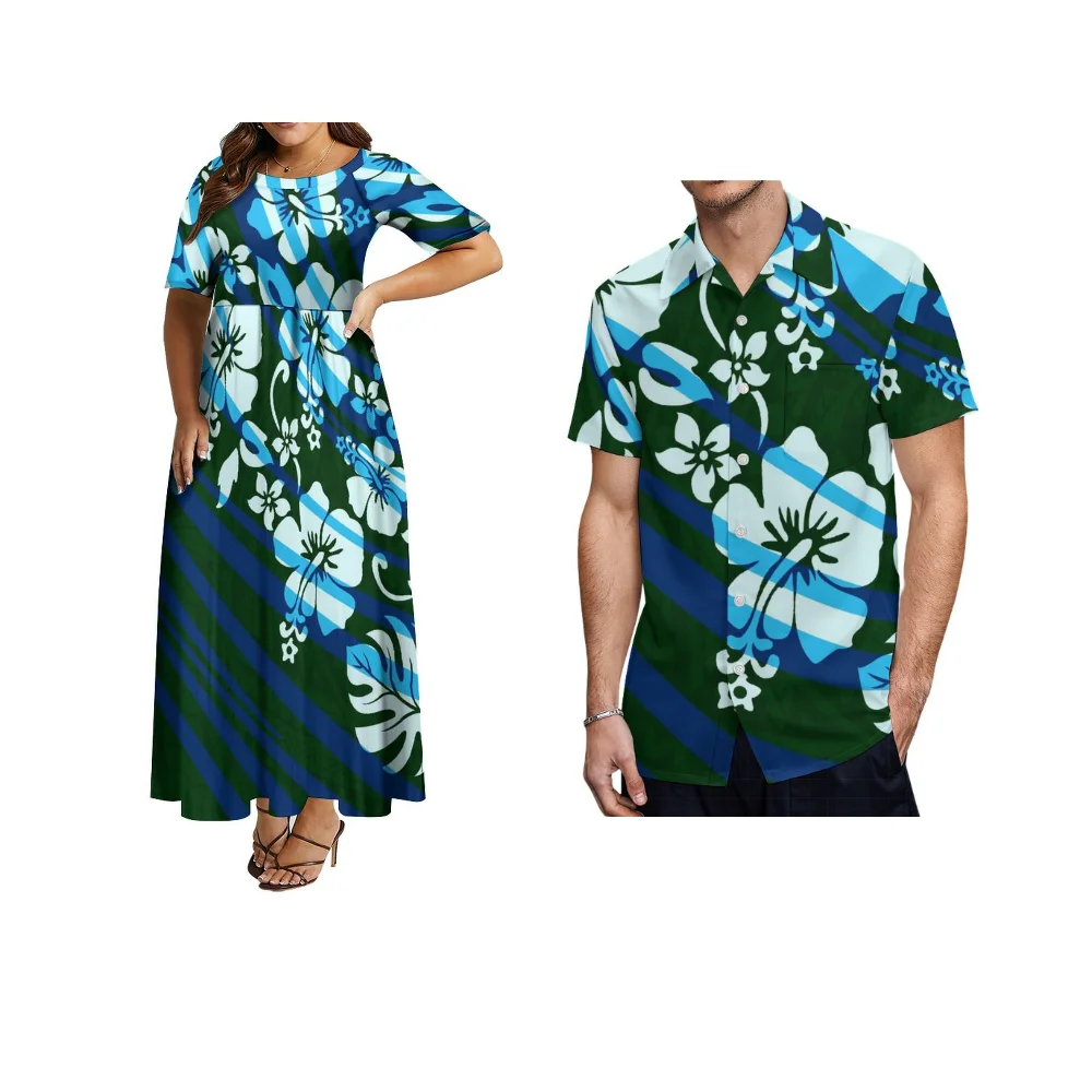 Samoa Club Fashion Women'S Custom Design Pattern Polynesian Couple Dress Banquet Dress Set Pompadour Dress Casual Shirt