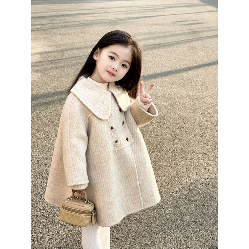 

Girls Coat Autumn and Winter Children Western Style Doll Collar Medium Long Woolen Simple Casual Coat Korean Simple Style