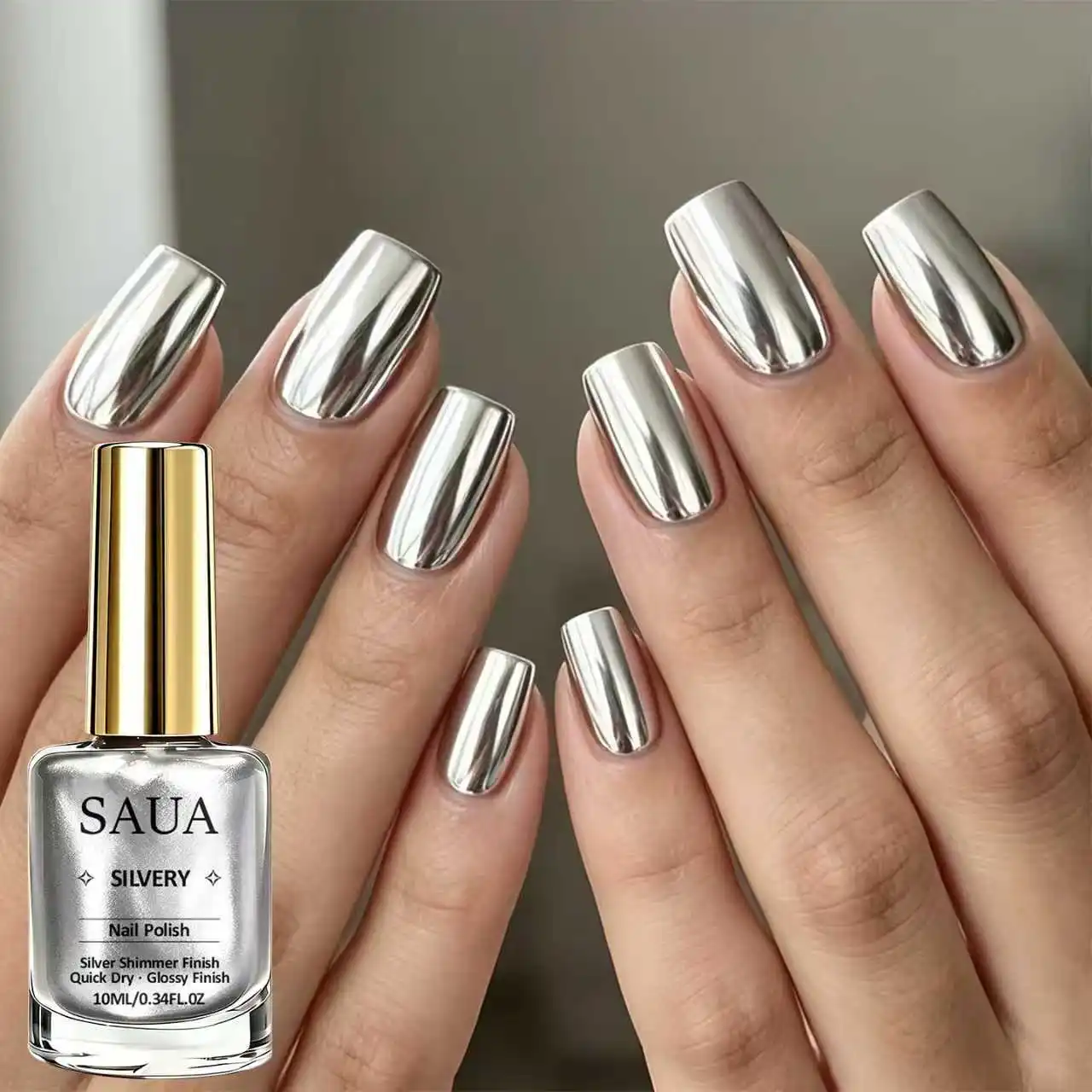 Silberner Metallic-Nagellack – schnelltrocknend, keine UV-Lampe erforderlich, spiegelähnliches Finish; die perfekte Wahl für ein Weihnachtsgeschenk. – Detail 4