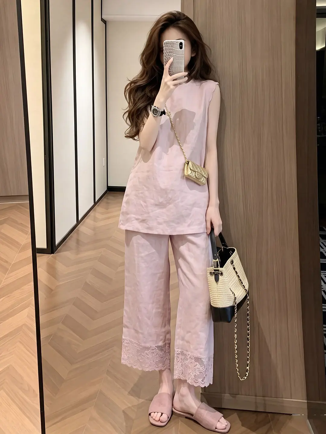 Elegante conjunto de moda de verano para mujer, chaleco de lino rosa y pantalones informales, estilo coreano, cuello redondo,...