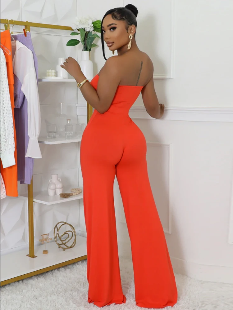 Beyprern Fashion Off Shoulder Snake Metal Jumpsuits One Piece Outfits Beautiful Strapless Hollow Out Wide Leg Rompers Overalls