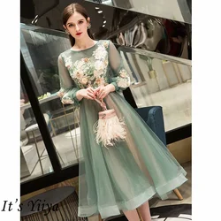 It's Yiiya Evening Dresses Green Appliques Floral O-Neck A-line Tea-length Plus Size Robe De Soiree Women Party Formal Gown E773