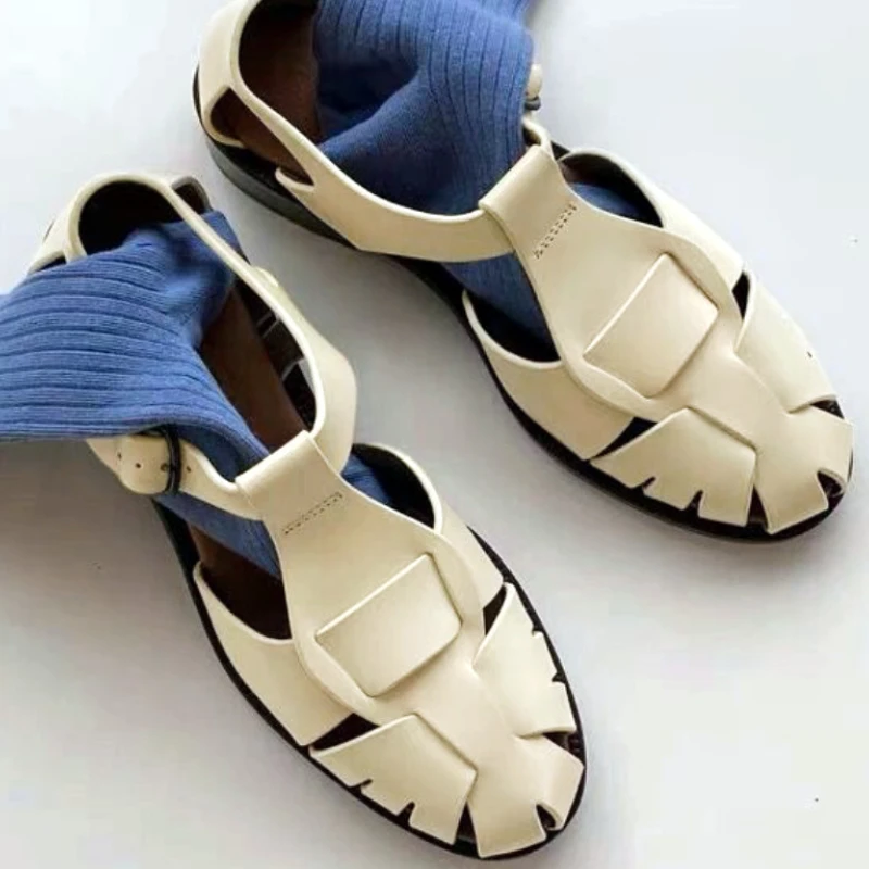 

Fashion Woven Hollow Round Toe Roman Women Sandals Belt Buckle Back Strap Slide Sandals Summer Luxury Designer Non-slip Slippers