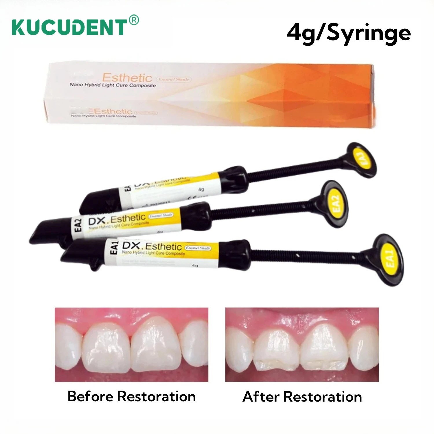 Résine composite dentaire 4G Nano Hybride photopolymérisable A2/A3, seringue de recharge avec embouts de distribution pour la restauration des dents antérieures