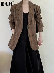 [EAM] Women Coffee Gray Vintage Big Size Casual Blazer New Lapel Long Sleeve Jacket Fashion Tide Spring Autumn 2024 1DH6835